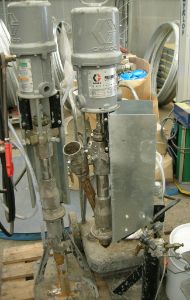 Paint pump, filter wall, extraction hood, mixing table, extraction table, vibratory deburring machine.